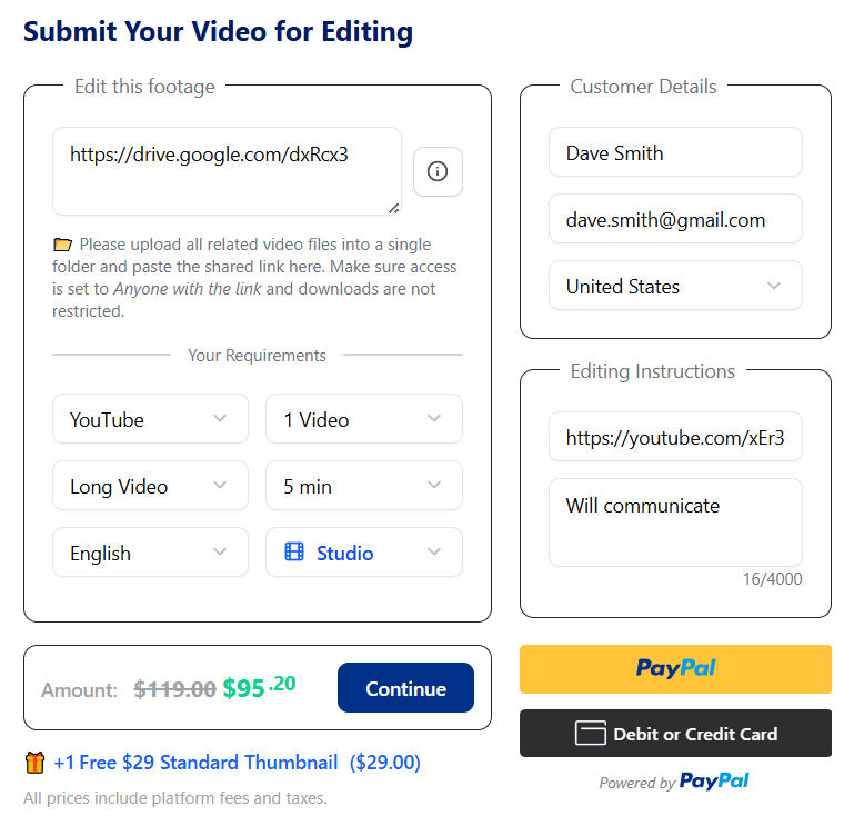 Submit Video Details & Select Package